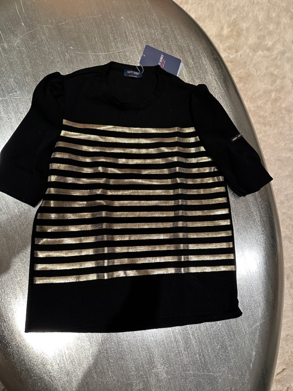 Saint James Black & Gold Striped Short Sleeve Sweater